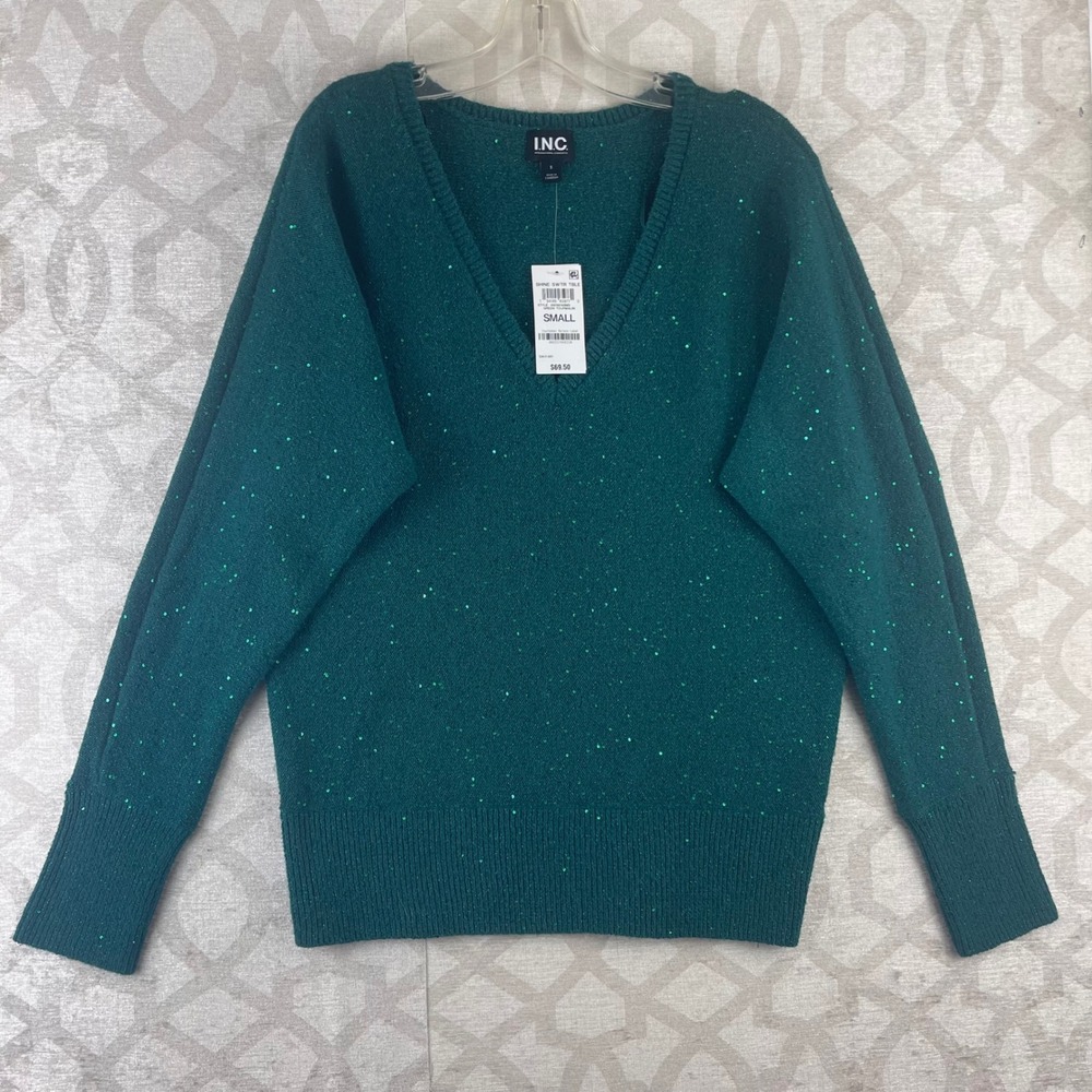 INC International Concepts Shine Sweater Womens Small Green NWT V-Neck Sequin